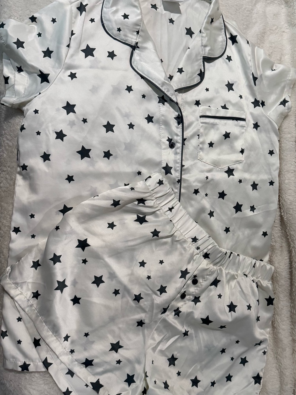 art class White Satin Pajama Set with Black Star Print